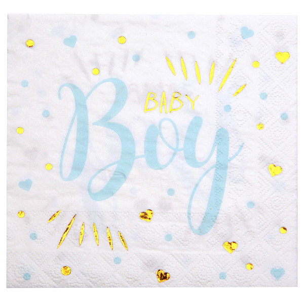Servietten 'Baby Boy' (20 Stück) - weiß, gold & hellblau