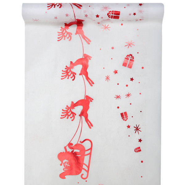 Tischläufer 'Weihnachtsschlitten' 30 cm x 5 m - weiß & rot