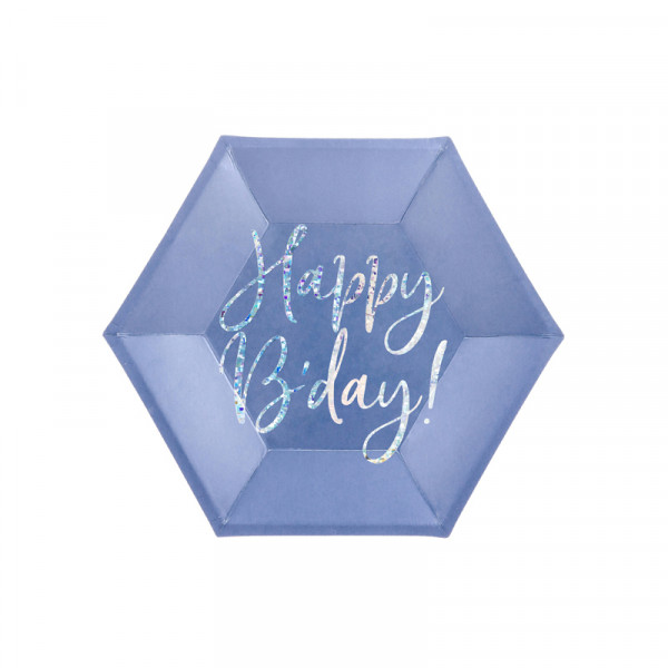 Teller 'Happy B'day!' (6 Stück) - blau & holografisch