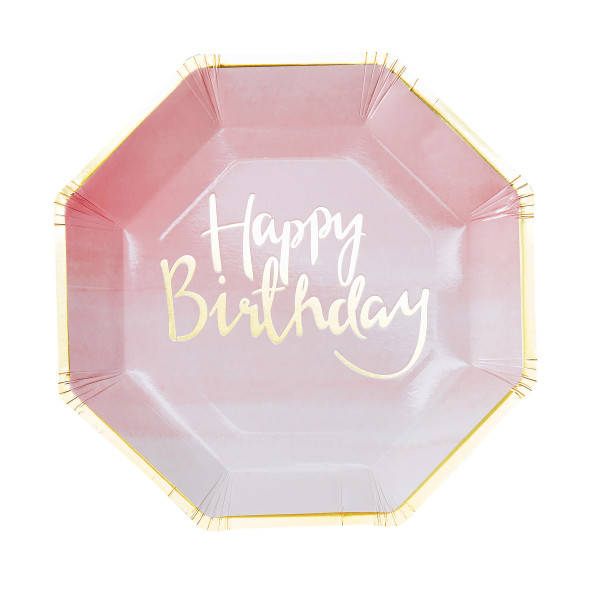 Ombre Party Teller Happy Birthday 8 Stück - rosa & gold