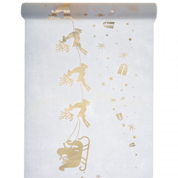 Tischläufer 'Weihnachtsschlitten' 30 cm x 5 m - weiß & gold