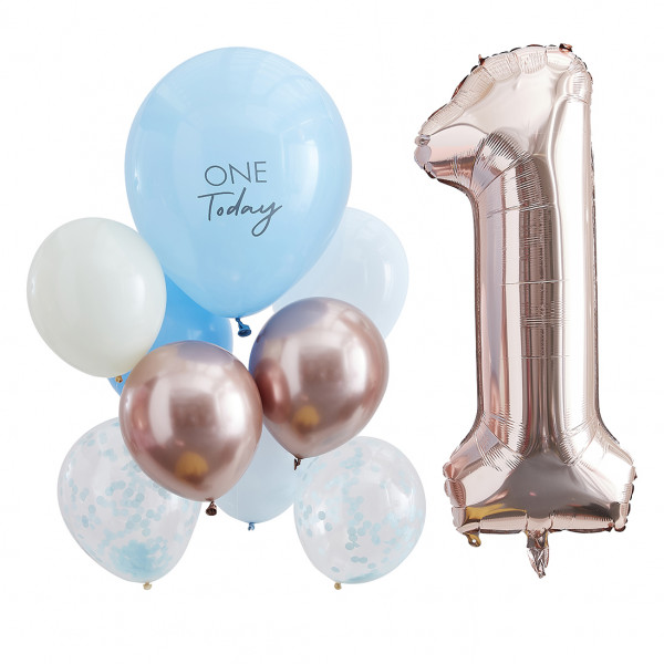 Luftballon Set 1. Geburtstag 'One Today' (10 Stück) hellblau & roségold