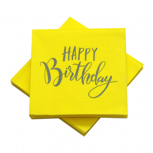 Servietten 'Happy Birthday' gelb & grau (20 Stück)