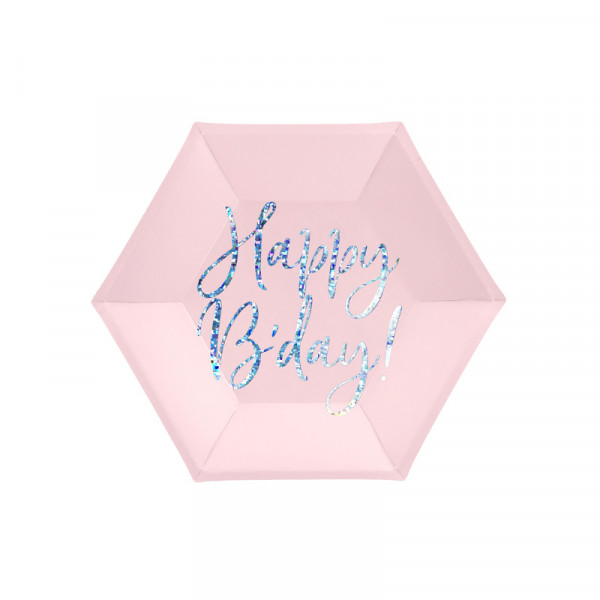 Teller 'Happy B'day!' (6 Stück) - rosa & holografisch