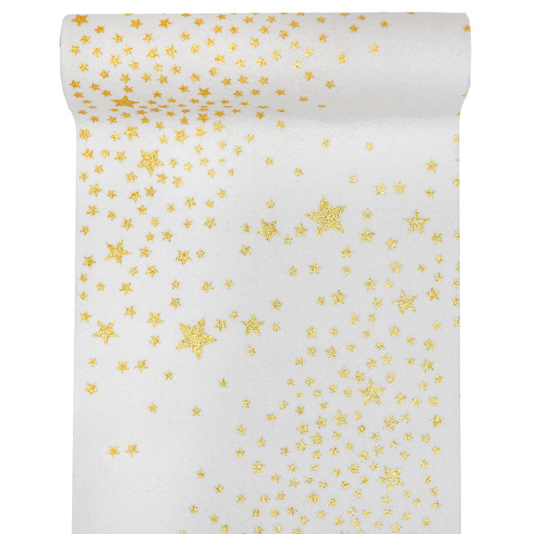 Tischläufer Glitzer Sterne 28 cm x 3 m - weiß & gold