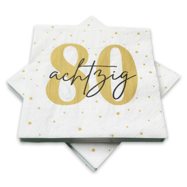 Servietten 80. Geburtstag weiß & gold (20 Stück)